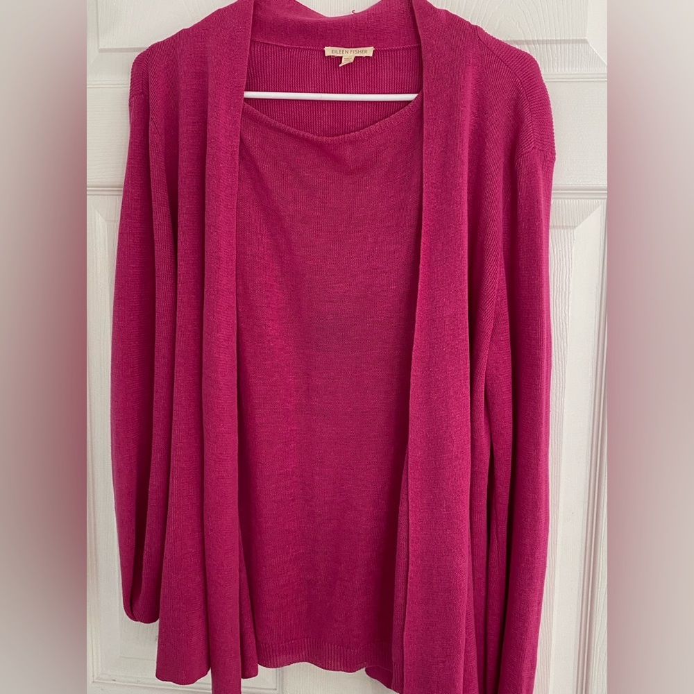 Eileen Fisher 2 Piece Vibrant Pink Light Weight Knit Cardigan and Tank
